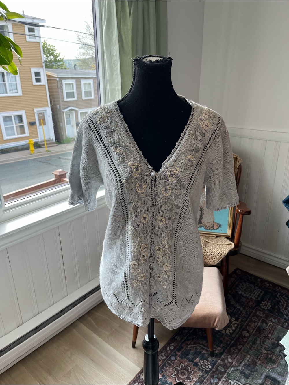 Women’s Prettiest Vintage Light Blue Floral Knit  Cardigan Sweater Cottagecore M